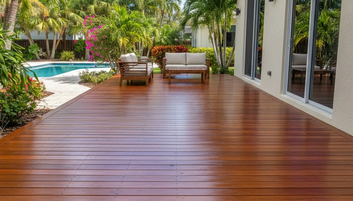 Finished deck staining after pressure cleaning by Bradenton, FL painters restoring outdoor wood surfaces
