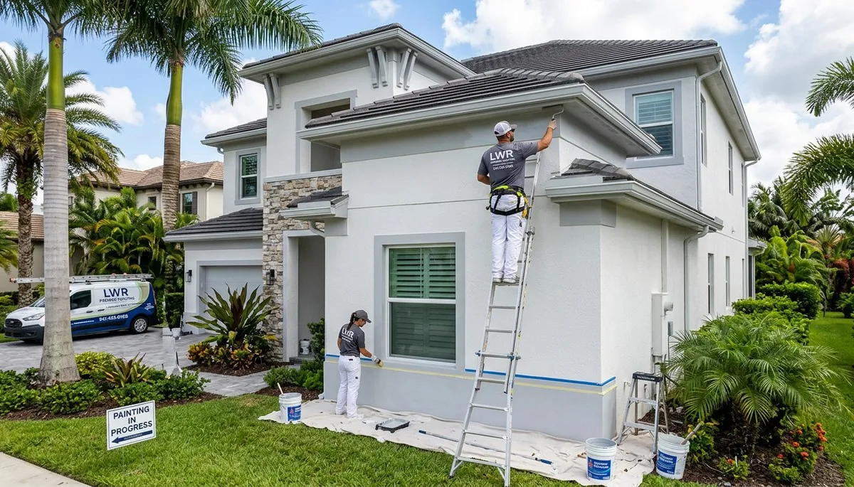 Professional house painters working on exterior home repaint in Bradenton FL