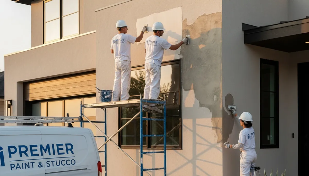 Professional stucco repair on Florida home exterior by expert painters in Bradenton, FL